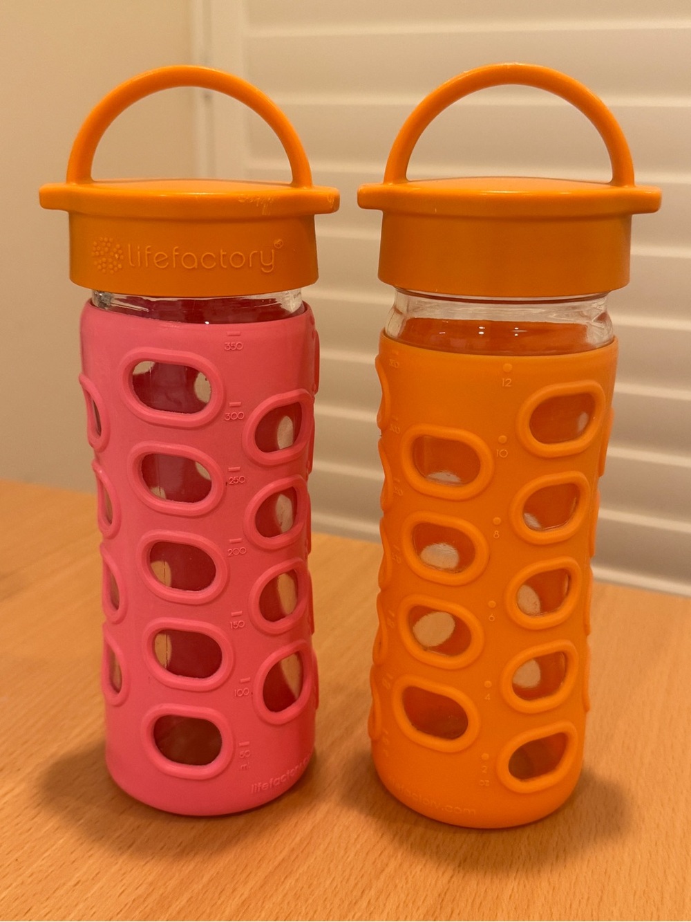 Two Lifefactory Glass Water Bottles, Pink and Orange, Size 12 oz